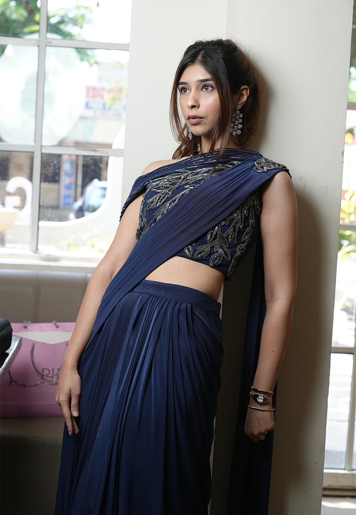 Pure Chinnon Crepe drape saree with hand work all over blouse