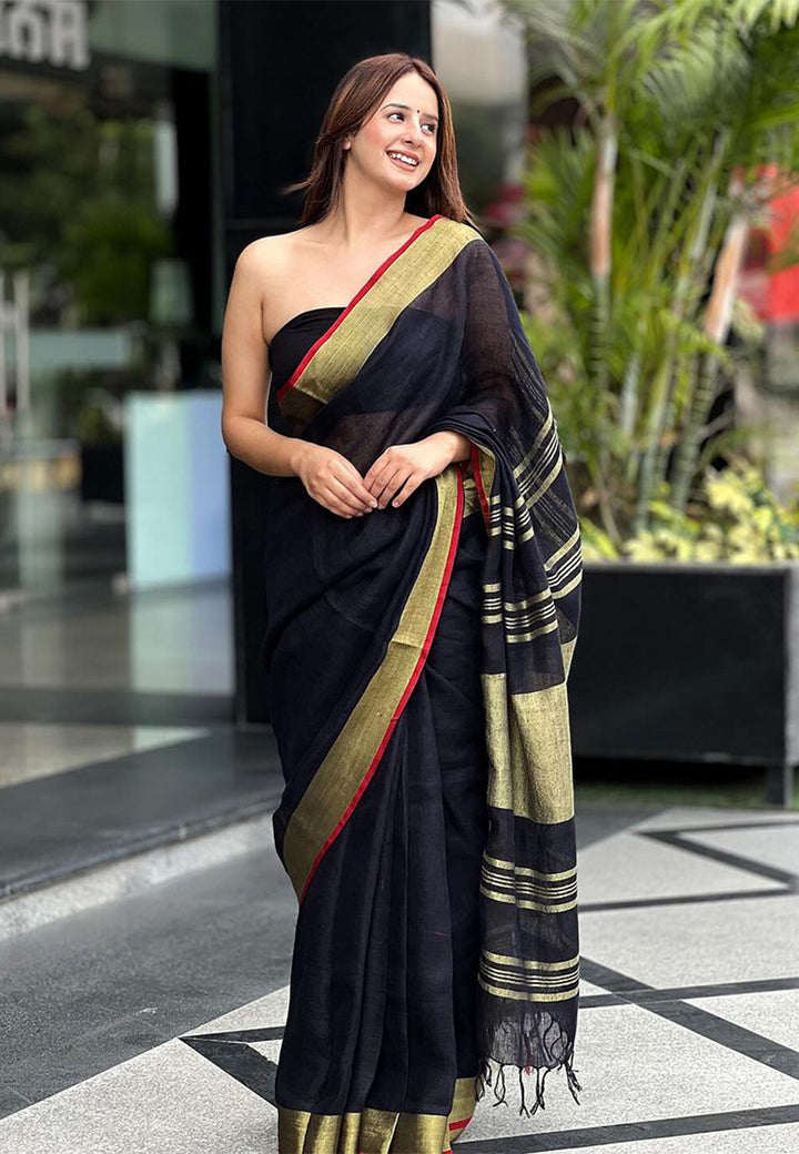 Pure Linen Saree with Contrast Orange Blouse