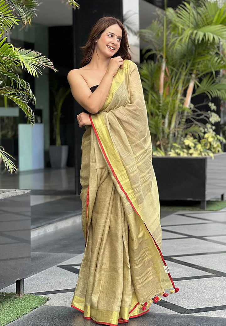 Pure Linen Saree with Contrast Rust  Blouse