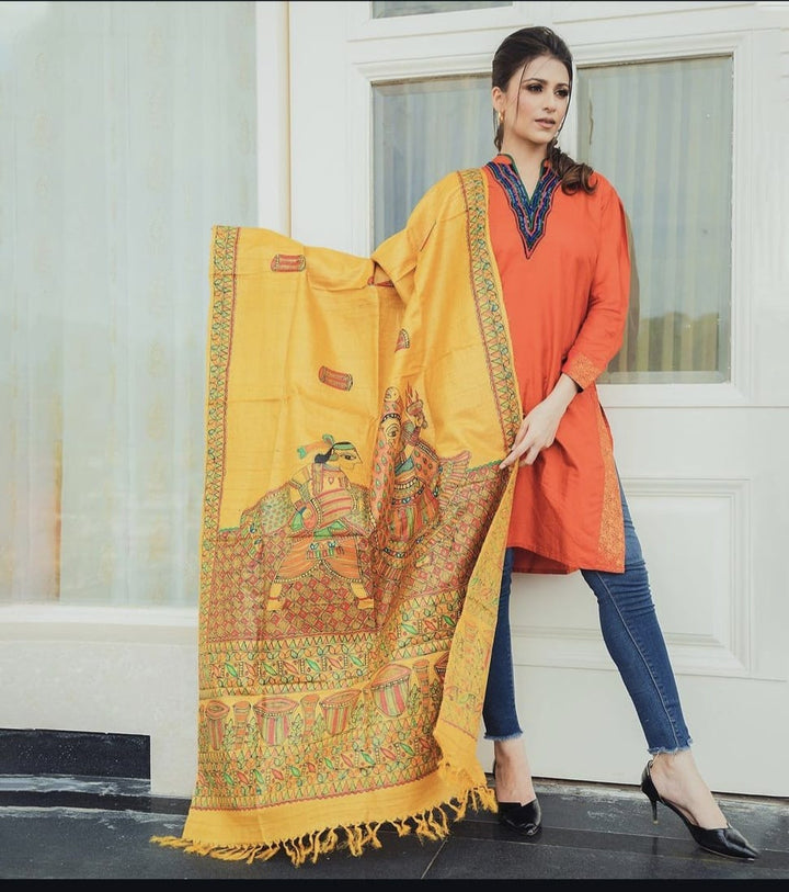 Yellow Pure silk Madhubani duppata