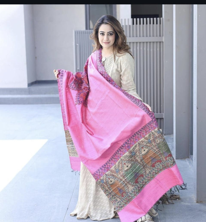 Pink Pure silk Madhubani duppata